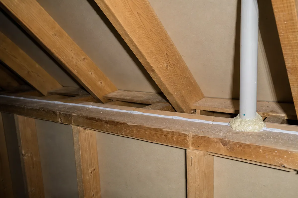 Bare attic joists after insulation removal with sealant applied along a wall top plate and around a pipe penetration before new insulation goes in