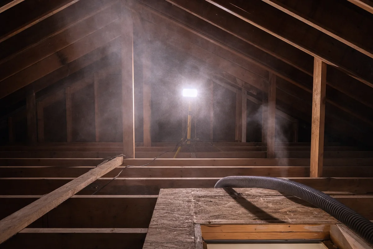 Fine disinfectant mist drifting between attic rafters over cleared ceiling joists during rodent dropping sanitation