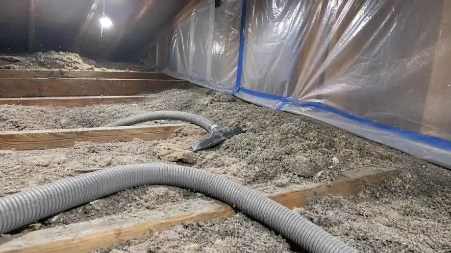 HEPA vacuum hose and plastic containment sheeting in an attic during rodent dropping cleanup