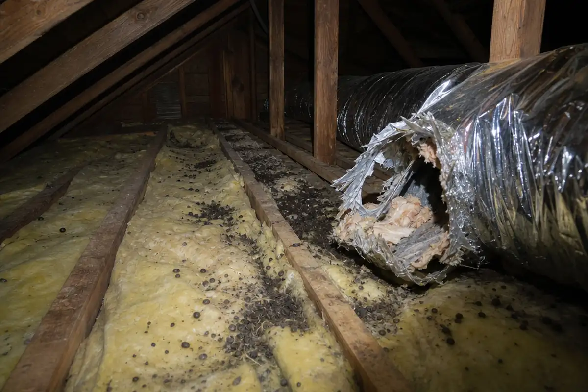 Attic with a chewed open flexible duct and insulation flattened into rodent runways before restoration