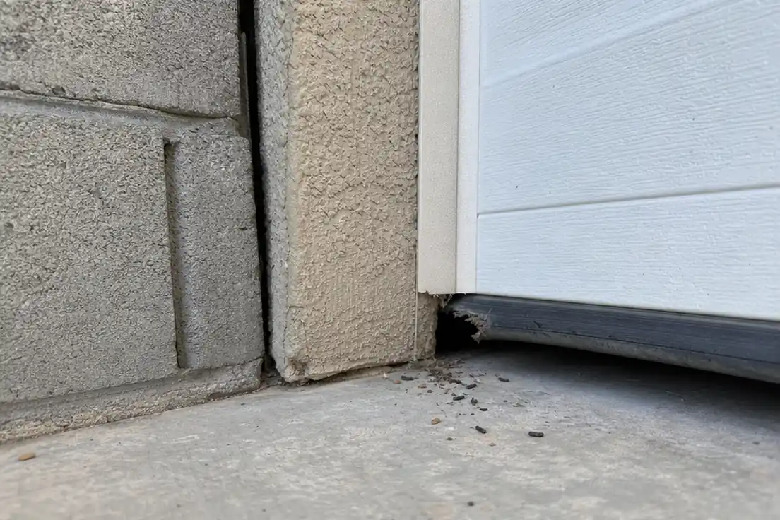 Gap where a block wall fence meets the stucco corner of a tract home garage, with a chewed rubber seal at the bottom of the garage door