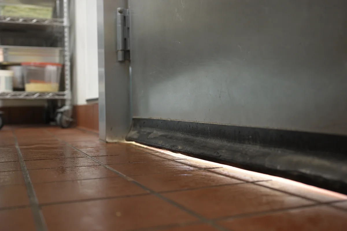 Worn door sweep with a daylight gap at the base of a commercial kitchen back door beside stainless steel shelving