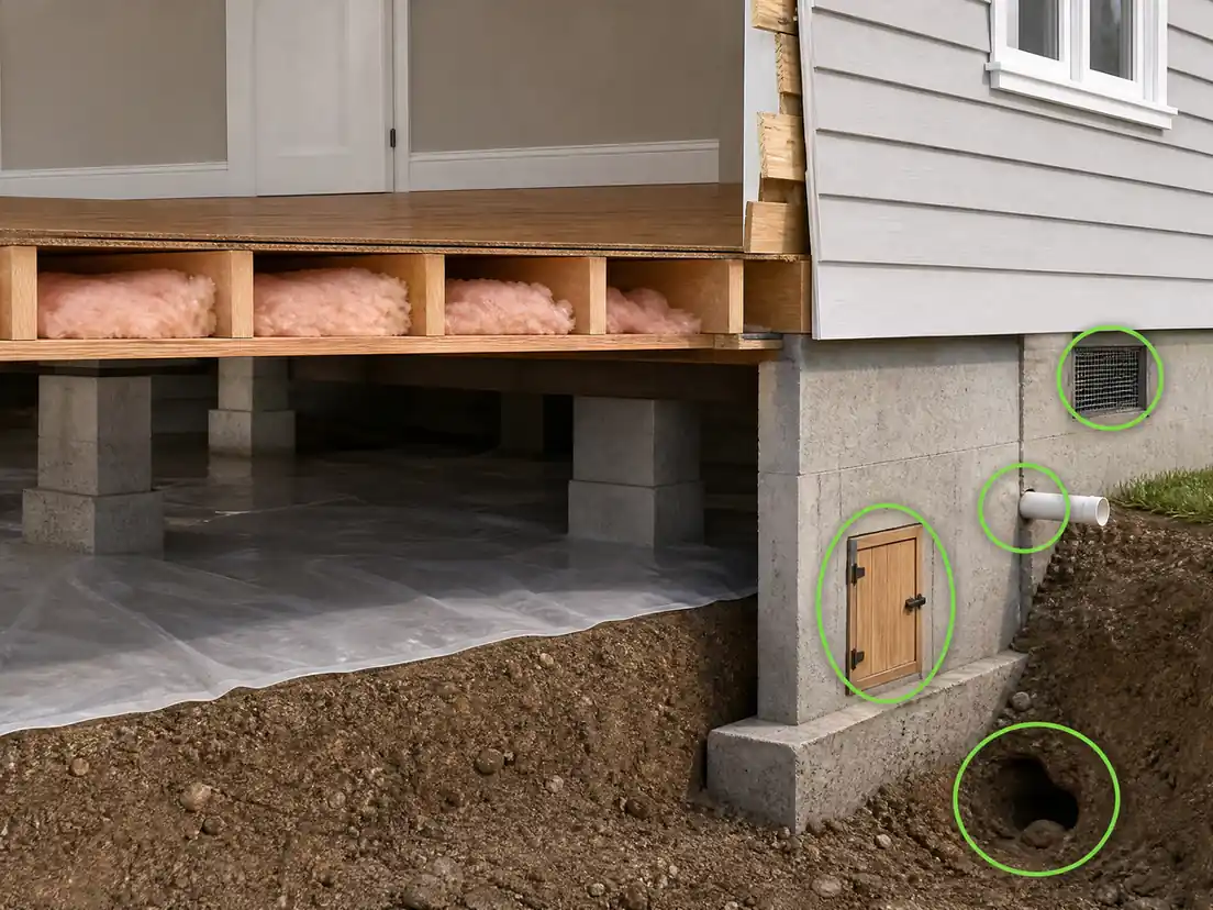 Cutaway illustration of a raised foundation home showing the crawl space, with rodent entry points marked at a foundation vent, a pipe penetration, the access door and a burrow at the footing, and the soiled insulation and vapor barrier that cleanup covers