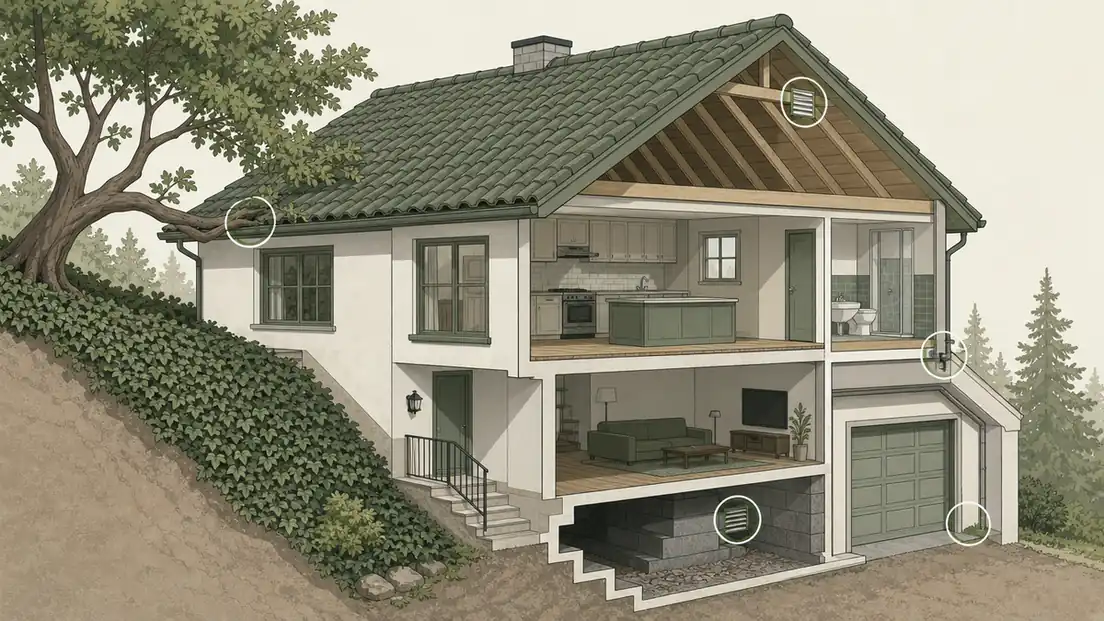 Cutaway illustration of a hillside split level home marking rodent entry points where a tree limb meets the eaves, at the gable vent, pipe penetration, garage door corner and crawl space vent