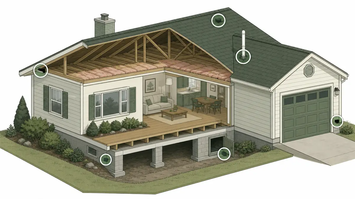 Cutaway illustration of a single story house marking rat entry points at the eaves, roof vent, pipe penetration, garage door corner, foundation vent and crawl space