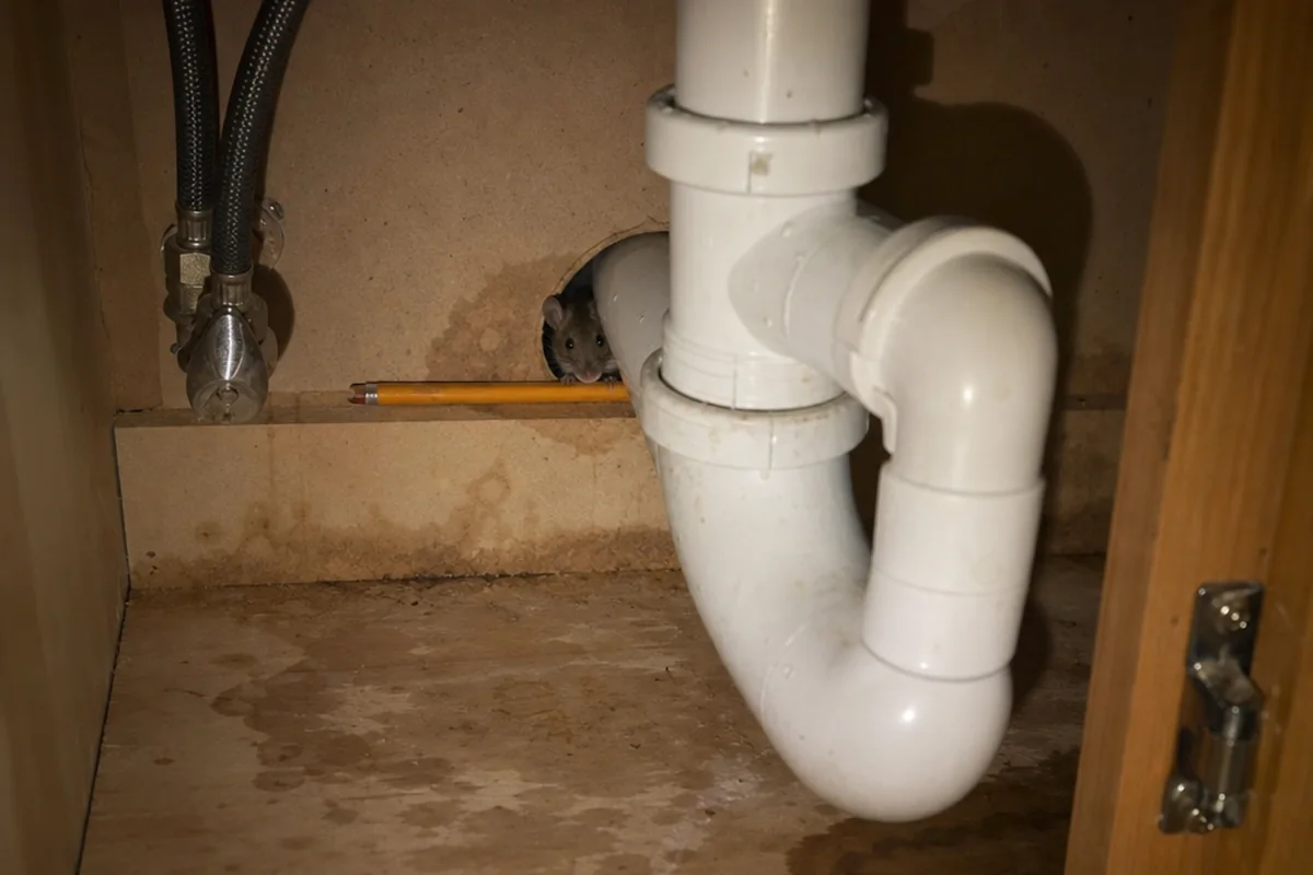 House mouse beside a pencil width gap where a drain pipe passes through the back of a kitchen sink cabinet