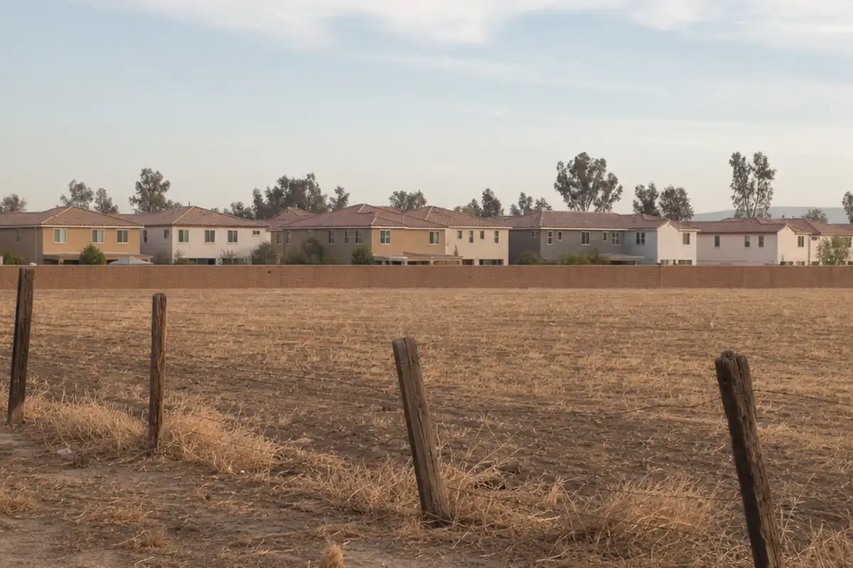 New two story stucco tract homes behind a block wall at the edge of an open dry field with old fence posts