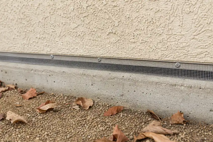 Stainless steel screen fitted over the weep screed gap at the base of a stucco wall to block mouse entry