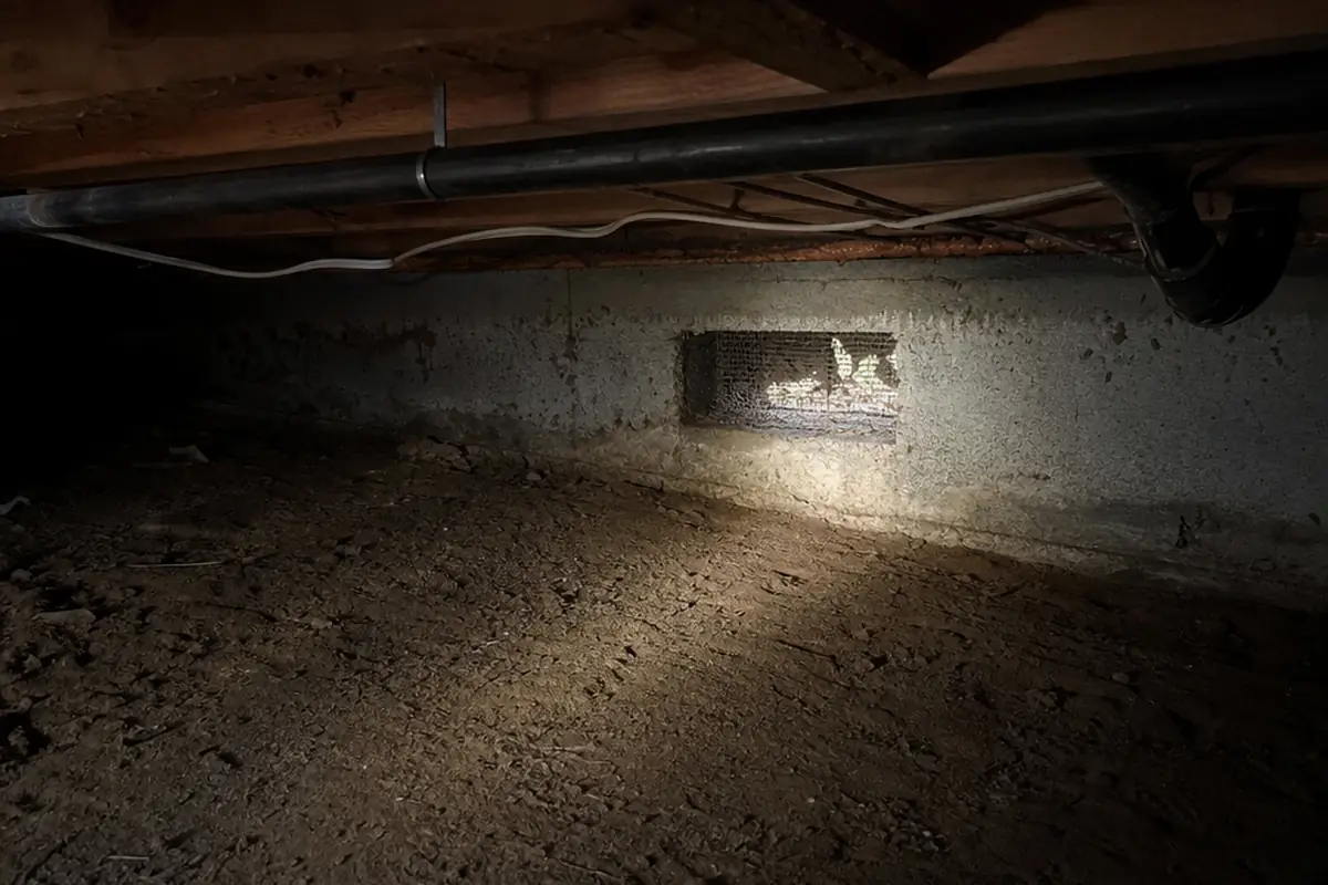Flashlight beam on a torn foundation vent screen seen from inside a residential crawl space during a rodent inspection