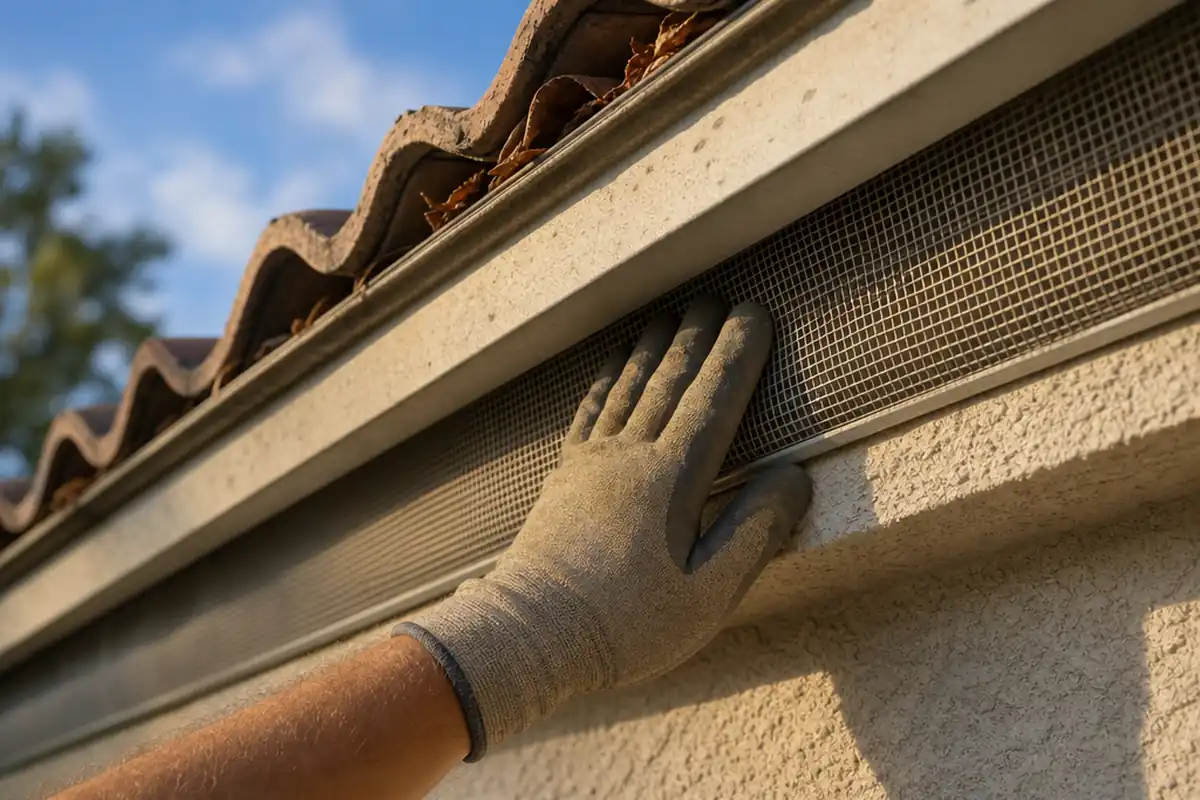 Gloved hand pressing on a fitted steel mesh eave closure under a tile roof to test the rodent seal during a maintenance visit