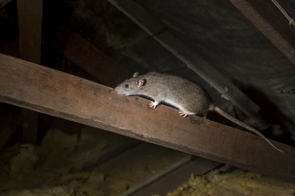 Roof rat on a wooden rafter inside a residential attic